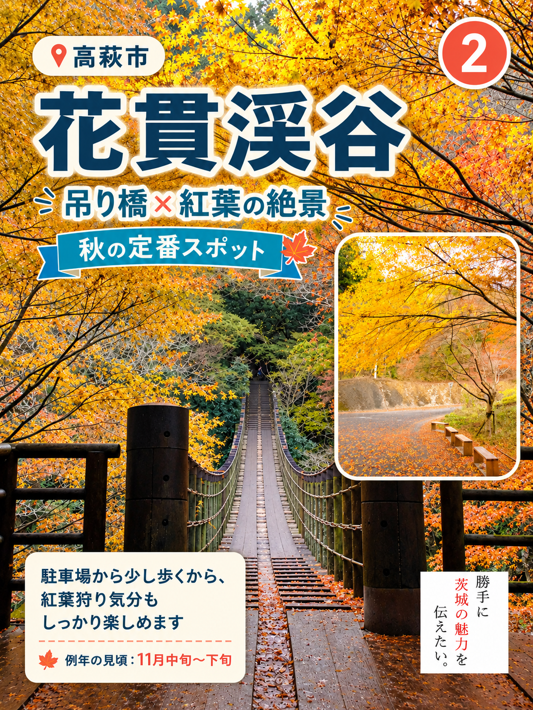 花貫渓谷の汐見滝吊り橋と紅葉